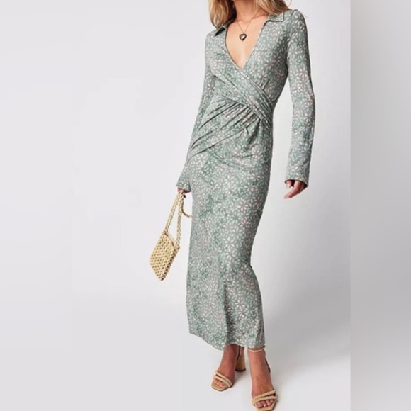 Free People Shayla Wrap Midi Dress in Mint Combo - Picture 2 of 8